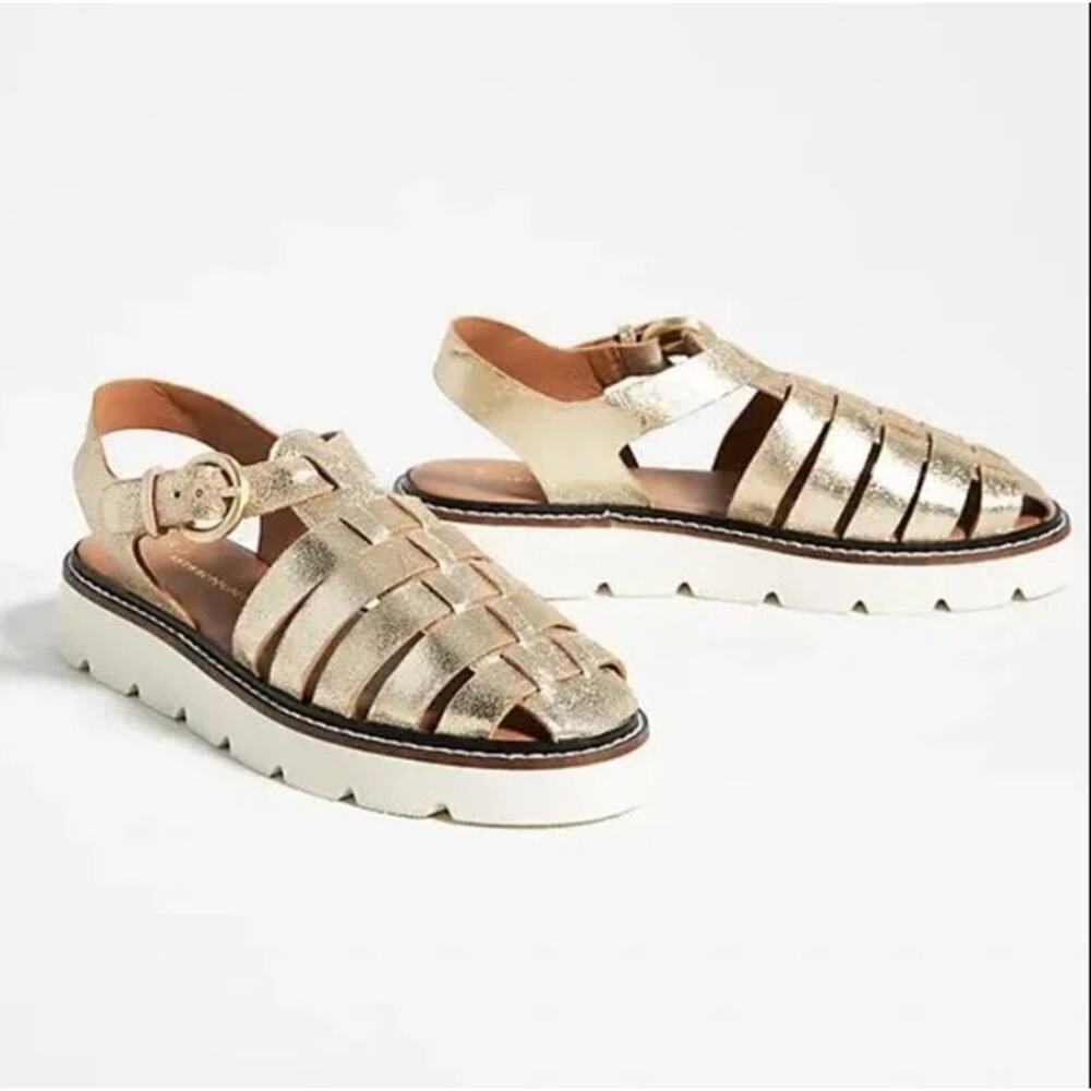 Anthropologie Fisherman Sport Sandals Metallic Gold Leather Sz. 41 *runs small* - Picture 2 of 11